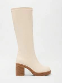 Solezae Women Comfortable Platform Bock Heel Zip-On Mid-Calf Boots - Beige - View 6