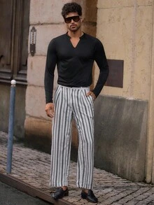 Manfinity NXTstreet Men's Casual Raglan Sleeve V-Neck Long Sleeve T-Shirt, Fall - Black - View 2