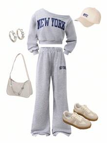 Conjunto de sudadera y pantalón de chándal con estampado de letras y cuello asimétrico para niña preadolescente - Gris - View 1