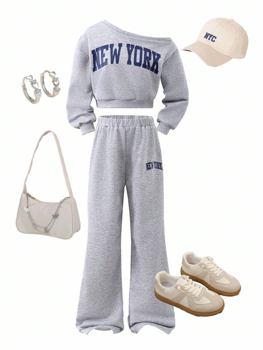 Conjunto de sudadera y pantalón de chándal con estampado de letras y cuello asimétrico para niña preadolescente - Gris - View 1