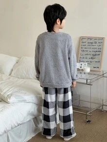 SHEIN 2pcs Tween Boy Casual Crew Neck Long Sleeve Top And Plaid Soft Fleece Pajama Pants Set, Comfortable Homewear Sleepwear, Autumn/Winter Fall