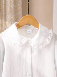 女孩甜美优雅可爱彼得潘领长袖衬衫，简单百搭纯色纽扣开衫上衣，适合日常休闲穿着 - 白色 - 查看 8