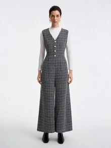 Aalyst Jumpsuit Wanita Kasual Leher V dengan Pinggang Ramping dan Kaki Lebar, Motif Jacquard Bertekstur, Tanpa Lengan - Hitam dan Putih - View 3