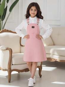 SHEIN Tween Girl Letter Patched Detail Overall Dress Without Tee - Pink - View 1