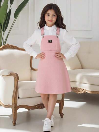 SHEIN Tween Girl Letter Patched Detail Overall Dress Without Tee