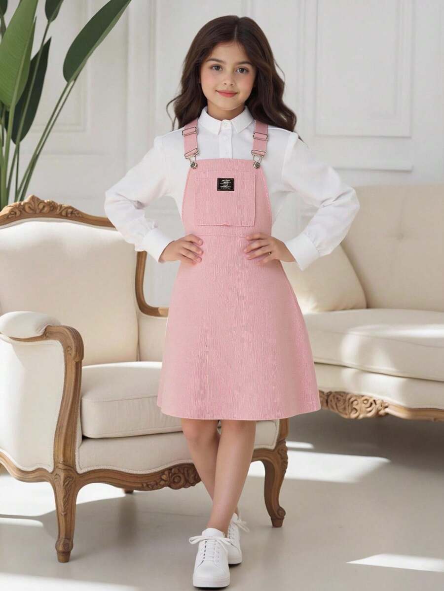 SHEIN Tween Girl Letter Patched Detail Overall Dress Without Tee - Pink - View 1