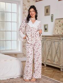 FloralLove CottageSlumber浪漫碎花刺绣荷叶边V领长袖上衣和裤子女士睡衣套装，秋冬蕾丝边睡衣套装女士睡衣两件套 - 杏色 - 查看 3