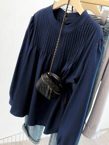 EMERY ROSE 新款大码女装优雅通勤褶皱设计纯色衬衫，商务正装，适合日常外出、出差，简约显瘦青春大方得体