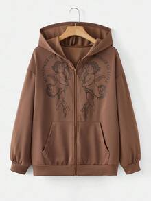 SHEIN EZwear 大码女式天使图案拉链卫衣，休闲日常穿着，秋冬女装 - 棕色 - 查看 1