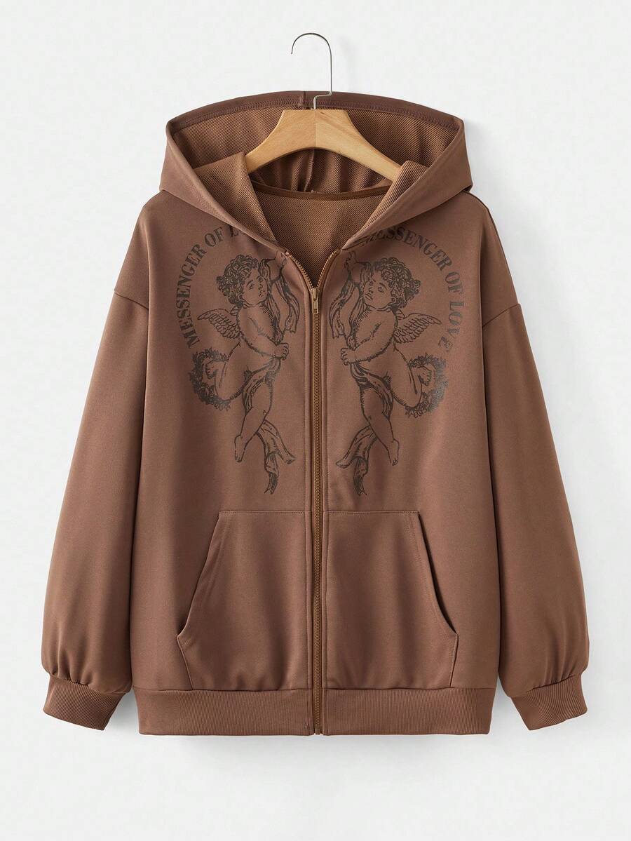 SHEIN EZwear 大码女式天使图案拉链卫衣，休闲日常穿着，秋冬女装 - 棕色 - 查看 1