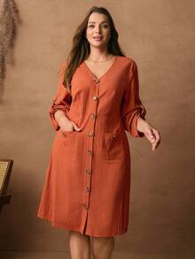 Rosumi Plus Size Casual Loose V-Neck Button Dual Pocket Knee-Length Dress Fall Clothes For Women Fall Clothes Plus Size   Dresses Button Front Dresses For Women Cottagecore Clothes Curve Dresses With Pockets  Dress Autumn Dress,Spring/Summer/Vacation - Burnt Orange - View 4