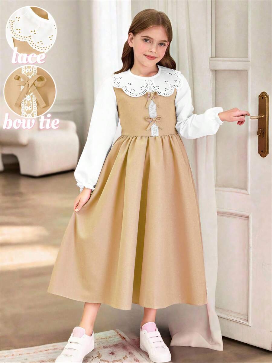 SHEIN Rochie elegantă și casual pentru fete, cu guler din dantelă, fundă decorativă și panouri în culori contrastante, potrivită pentru sezonul școlar de primăvară/toamnă - Kaki - Vizualizare 1