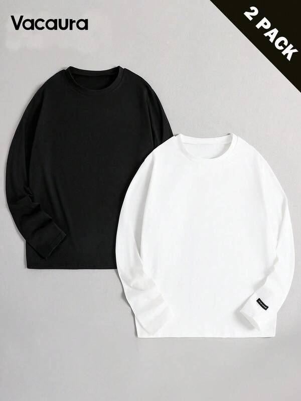 2 pezzi/set T-shirt a maniche lunghe con scollo a ciambella, stile minimalista, colore unito, adatte per ragazzi adolescenti, opzioni nero e bianco, tessuto confortevole, colori versatili, adatte per la scuola e il casual, autunno/inverno