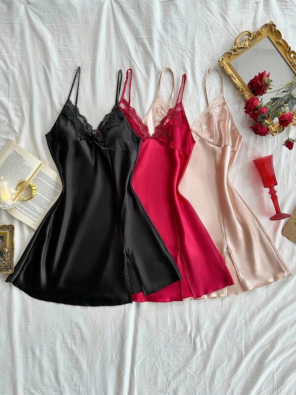 SilkySpell Set de 3 piezas de camisón de encaje bordado sexy para mujer