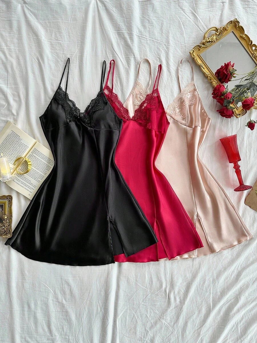 SHEIN 3pcs/Set Women Embroidered Lace Sexy Nightgown Combination Set Satin Sleep Dress Lace Sleep Dress Satin Lingerie Sleepwear