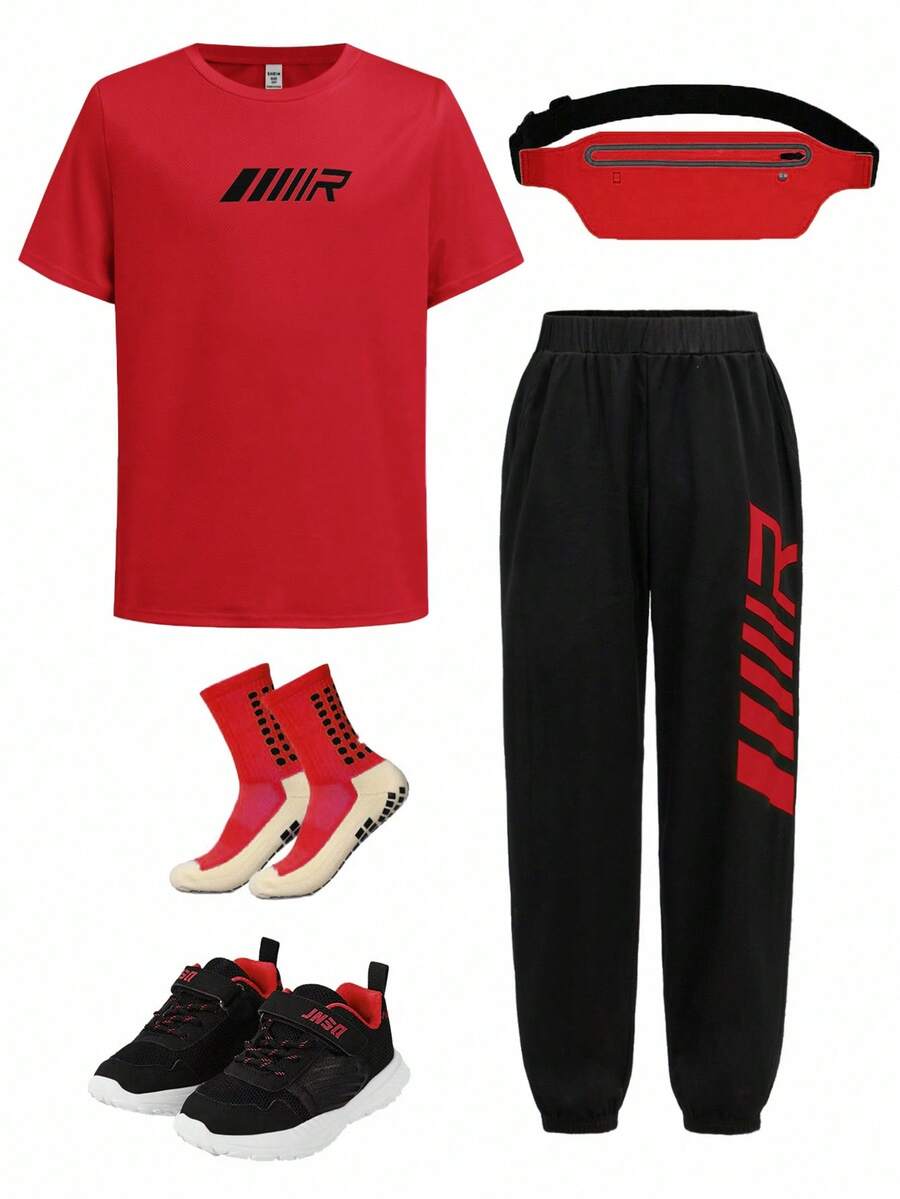 SHEIN 2 件套 Tween Boy 霓虹色字母图案 T 恤和慢跑裤套装 - 紅色 - 查看 1