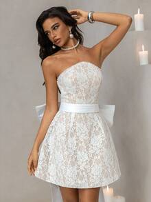 Vowa 优雅奢华的超大蝴蝶结露肩珍珠链连衣裙，适合婚礼、派对、单身派对、度假、舞会、新娘送礼会礼服 - 米色 - 查看 4