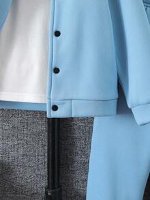 Young Boy Casual Letter Patch Button-Up Jacket And Pants Set, Autumn Fall Winter - Blue - View 6