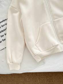 Genkimix Kids 女童针织保暖内衬休闲前拉链连帽衫，带英文字母印花，时尚日常、返校、百搭场合皆宜 - 杏色 - 查看 3