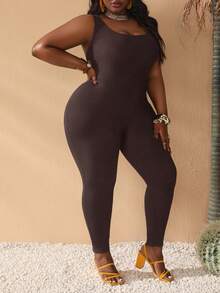 Slaydiva Slayr Basic Casual Elastic Knit Plus Size Jumpsuit - Brown - View 4