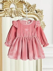 SHEIN 春秋季宝宝女童儿童时尚简约可爱甜美粉色天鹅绒柔软面料花蕾长袖圆领蝴蝶结图案纽扣上衣日常穿搭必备 - 紅木色 - 查看 8