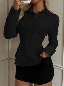 SHEIN EZwear Camisa casual de manga larga con cintura ceñida y abotonadura, adecuada para blusas elegantes de otoño/invierno para mujeres - Negro - Ver 4