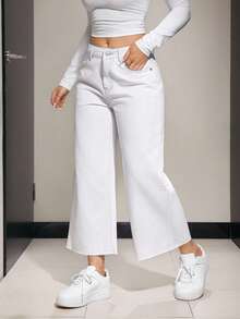 SHEIN PETITE Women's Pocketed Wide Leg Loose Casual 7/8 Length Jeans - White - View 6