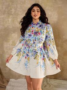 Roveilla 大码女式花卉印花立领灯笼袖优雅连衣裙 - 彩色 - 查看 7
