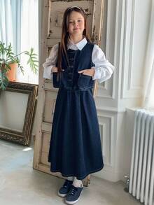 Dazy Kids 2pcs Tween Girls Sleeveless Round Neck Tank Top And Elastic Waist Pleated Skirt Set - Blue - View 4