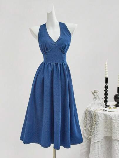 SHEIN MOD Vestido casual de mezclilla con cuello en V fruncido y tirantes para mujer