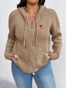 SHEIN Plus Size Women Zipper Hooded Embroidered Lucky Heart Elegant Cardigan Sweater Fall Winter Cloth For Women Autumn