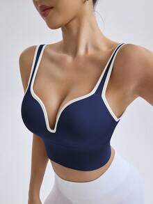 Seamluxe SHEIN Sport Women Solid Color Seamless High Intensity Fixed Cup Sports Racerback Bra,Sports Bras Without Removable Pads ,Sports Bra With Sewn-In Pads, High Impact Support With Non-Removable Pads Molded Cups,For Women High Support Racerback,Workout, Yoga,  Running Sports Bra V Neck Sports Bra Navy Blue Sports Bra Yoga Top With Bra Sports Bra With Sewn-In Cups Bras For Women Sport Yoga Bra