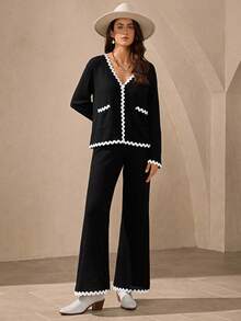 Wildy 2pcs Basic Casual Knit Loungewear Set,Women Black And White Scalloped Trim Pant Suits,Elegant Autumn Brunch Outfit,Comfortable Airport Two Piece Set - Black - View 5