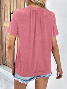 EMERY ROSE Women's Solid Color V-Neck Ruched Raglan Short Sleeve Casual T-Shirt, Summer - Dusty Pink - View 2