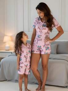 Young Girl' Cute Hand-Drawn Rabbit Design Casual Pink Cardigan & Shorts Home Outfit - Pink - View 1