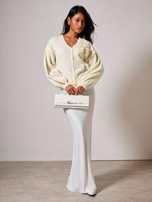 COSMINA Women's Elegant 3D Floral V-Neck Sweater, Autumn/Winter - Cream - View 3