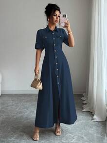 Elenzga Vestido largo de verano de unicolor con botones delanteros, casual y apropiado para ir al trabajo - azul real - Ver 8