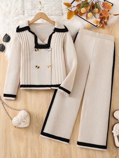 Sparklyn 2pcs/Set Girls Sweater Set For Autumn/Winter, Top With Fashionable Color Block Trim And Double-Breasted Collar Design, V-Neck Cardigan In Apricot Color Paired With Matching Wide-Leg Pants, Casual Korean Style Suitable For Daily, Shopping, Outdoor, School And Other Occasions Fall