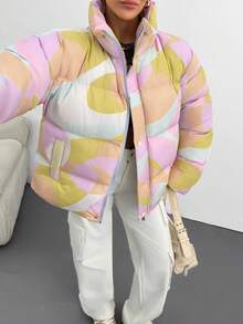 Giacca invernale casual, ampia, con chiusura lampo anteriore e stampa geometrica, manica lunga, da donna