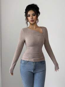 Elenzga Elegant Romantic Asymmetric Ruffle Shoulder Long Sleeve T-Shirt, Suitable For Vacation And Commute