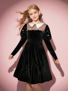 优雅复古黑色天鹅绒连衣裙，适合少女穿着，柔软的天鹅绒面料，光泽闪亮，撞色领口设计，羊腿袖，半透明前片，串珠装饰，A 字廓形，适合圣诞节、万圣节、生日派对，独特精致的黑色天鹅绒连衣裙，秋冬 - 黑色 - 查看 7