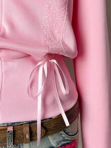 EgrlEra Women Fall Long Sleeve Lace Patchwork Bow Zipper Hoodie,Long Sleeve Tops Pullover - Pink - View 5