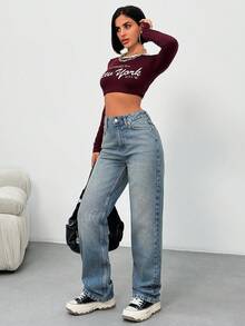 EURMUSE Jean denim taille haute slim droit, lavage vintage Y2K - Jean bleu - Voir 5