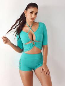 Menodora SHEIN Sport Menodora SHEIN Sport 2件纯色露背镂空紧身运动T恤和侧系带短裤套装 - 薄荷藍 - 查看 7