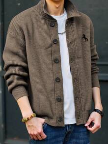 Manfinity Dauomo 男士休闲商务纽扣宽松开衫，马匹图案，落肩，秋冬 - 咖啡棕 - 查看 3