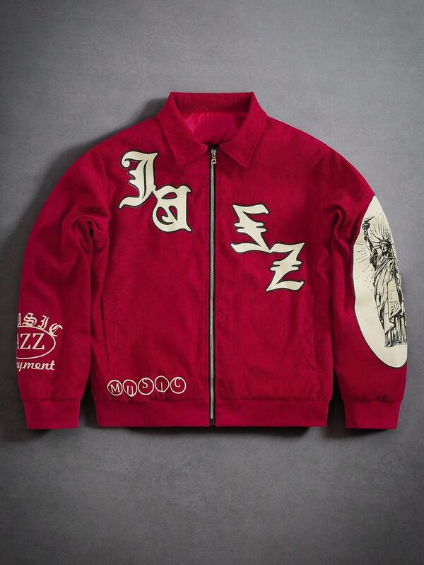 PAVTROS Chaqueta con cremallera de moda callejera roja Manfinity Streetrush, chaqueta con gráfico de la Estatua de la Libertad, chaqueta de pana roja con gráfico de música, chaqueta con gráfico rojo con cremallera, chaqueta Y2K, chaqueta universitaria, otoño invierno, grunge