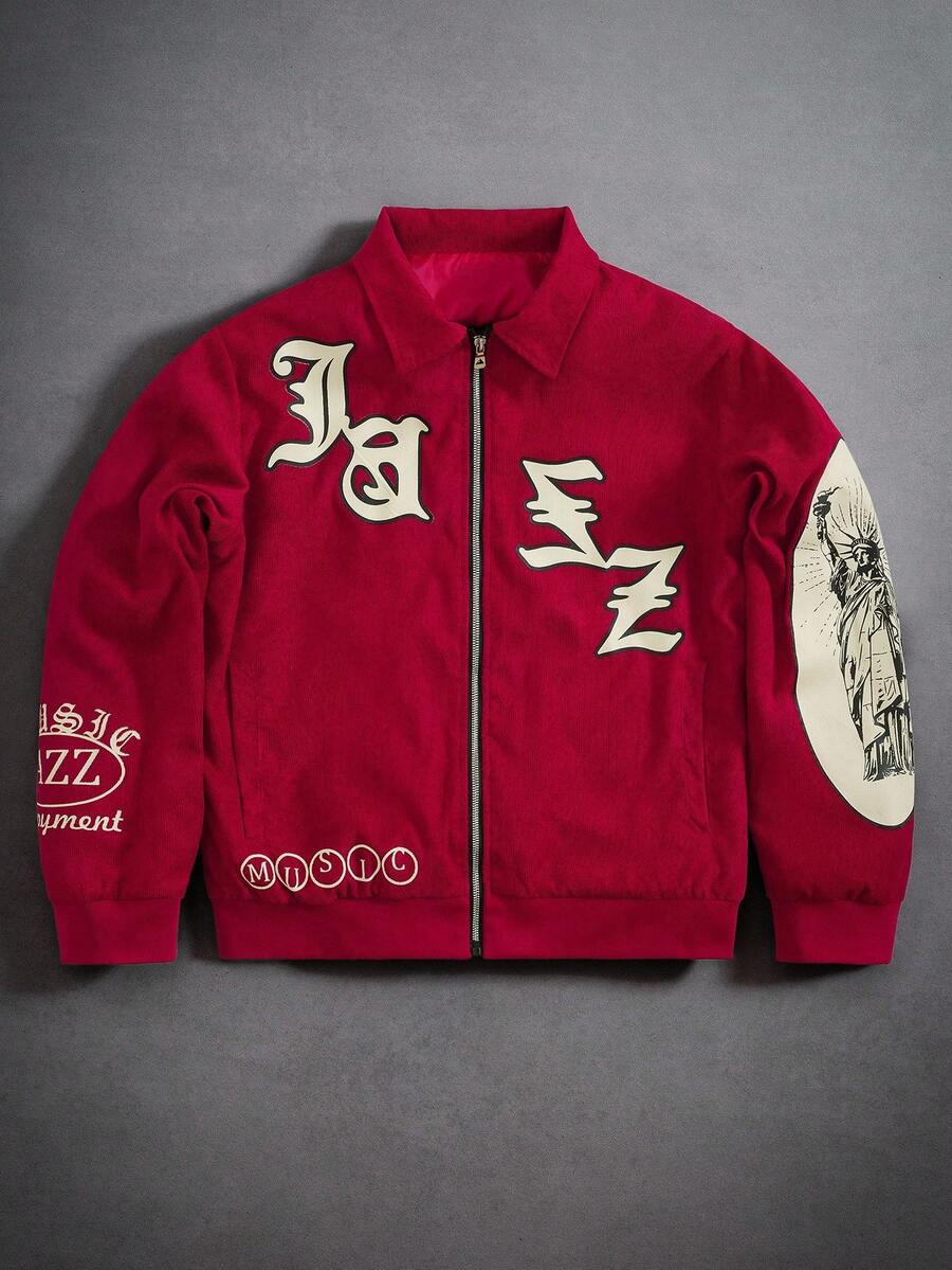 PAVTROS Manfinity Streetrush 男士街头时尚红色长袖拉链夹克，自由女神像音乐主题红色Y2K拉链夹克，秋冬款，Grunge风格 - 紅色 - 查看 1