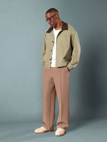 SUMWON Classic Twill Utility Work Shacket Canvas Workwear Jacket With Contrast Collar Front Patch Pockets And Button Closure Fall Spring Casual Outerwear Versatile Layer