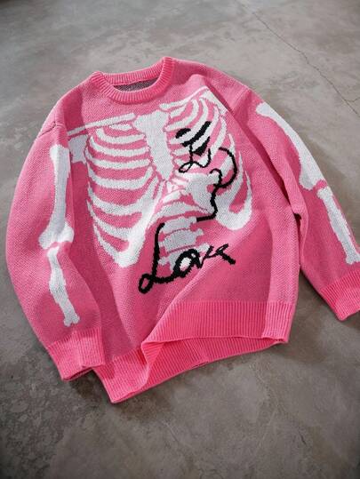 Manfinity EMRG Suéter casual de cuello redondo de manga larga con patrón de esqueleto para hombre, color rosa, para fiesta de Halloween