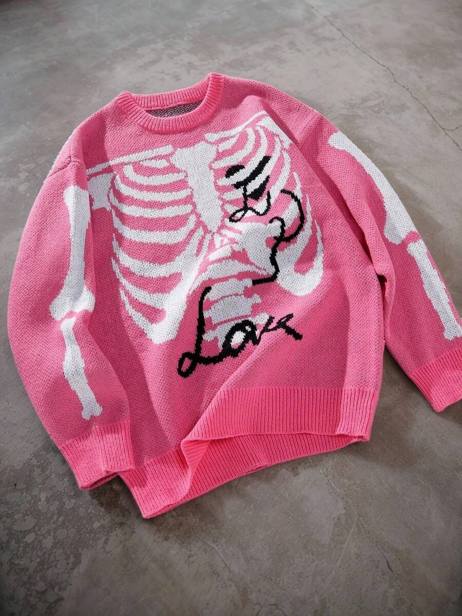 Manfinity EMRG Men's Skeleton Pattern Crew Neck Long Sleeve Casual Pink Sweater Halloween Party - Hot Pink - View 1